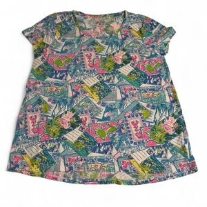 Lilly Pulitzer Women's T Shirt Short Sleeve Postcard Print Cotton Top
